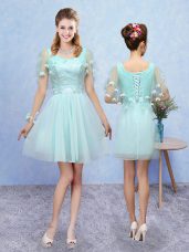 Popular Sleeveless Mini Length Appliques Lace Up Quinceanera Court of Honor Dress with Aqua Blue