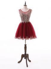 Pretty Wine Red Zipper Scoop Beading and Lace and Appliques Evening Dress Tulle Sleeveless