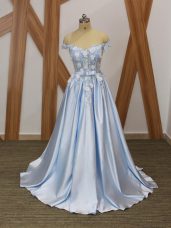 Sleeveless Elastic Woven Satin Floor Length Lace Up Evening Dress in Light Blue with Appliques and Belt
