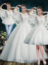 Exceptional White Tulle Lace Up Scoop Half Sleeves Floor Length Bridal Gown Lace