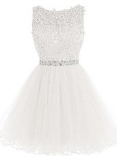 White A-line Beading and Lace and Appliques Prom Dress Lace Up Tulle Sleeveless Mini Length