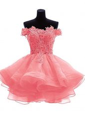 New Style Watermelon Red A-line Off The Shoulder Sleeveless Organza Mini Length Zipper Beading and Lace and Appliques Prom Dress