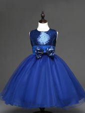Royal Blue Scoop Zipper Sequins and Bowknot Party Dress Sleeveless