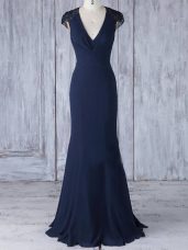 Customized V-neck Cap Sleeves Wedding Party Dress Floor Length Lace Navy Blue Chiffon