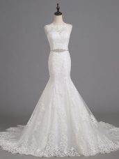 Sleeveless Beading and Lace Lace Up Wedding Dresses with White Brush Train