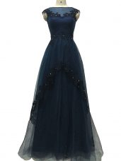 Smart Floor Length Navy Blue Mother Dresses Tulle Sleeveless Lace and Appliques