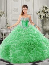 Fine Green Lace Up Ball Gown Prom Dress Beading and Ruffles Sleeveless Court Train