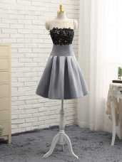 Fantastic Grey Satin Side Zipper Strapless Sleeveless Mini Length Evening Dress Lace and Appliques