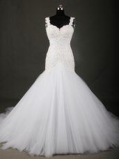 Straps Sleeveless Tulle Wedding Dresses Beading and Lace Court Train Backless