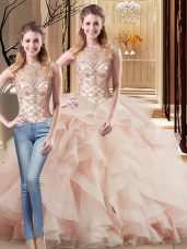 Peach Vestidos de Quinceanera Military Ball and Sweet 16 and Quinceanera with Beading and Ruffles Scoop Sleeveless Brush Train Lace Up