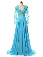 High Class Chiffon V-neck Long Sleeves Brush Train Zipper Beading Mother of the Bride Dress in Baby Blue