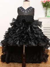 New Style Black Little Girl Pageant Gowns Wedding Party with Beading and Ruffles and Bowknot V-neck Sleeveless Zipper