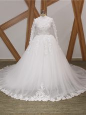 Lovely White Wedding Gown Wedding Party with Lace and Appliques High-neck Long Sleeves Court Train Zipper