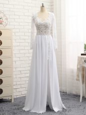 Fabulous White Empire Chiffon V-neck Long Sleeves Lace and Appliques Floor Length Zipper Prom Dress