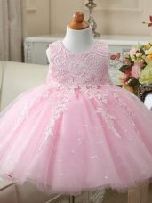 Scoop Sleeveless Little Girls Pageant Gowns Knee Length Appliques and Bowknot Baby Pink Tulle