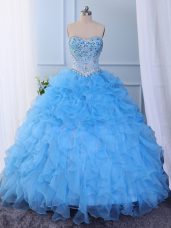Floor Length Baby Blue Quinceanera Gowns Organza Sleeveless Beading and Embroidery and Ruffled Layers
