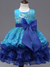 Royal Blue Organza Zipper Girls Pageant Dresses Sleeveless Tea Length Lace and Ruffled Layers and Bowknot