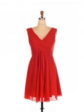 Red Chiffon Zipper One Shoulder Sleeveless Mini Length Bridesmaid Dress Ruching