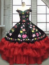 Pretty Ball Gowns Sweet 16 Dresses Red And Black Off The Shoulder Organza and Taffeta Sleeveless Floor Length Lace Up