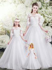 Unique White Half Sleeves Tulle Brush Train Lace Up 15th Birthday Dress for Wedding Party