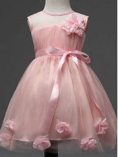 Elegant Pink Ball Gowns Tulle Scoop Sleeveless Hand Made Flower Knee Length Zipper Womens Party Dresses