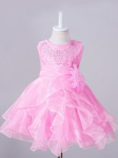 Hot Selling Organza Sleeveless Knee Length Flower Girl Dress and Beading and Hand Made Flower