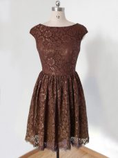 Nice Brown Scoop Neckline Lace Bridesmaid Dresses Cap Sleeves Lace Up