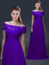 Popular Purple Off The Shoulder Neckline Appliques Mother of the Bride Dress Short Sleeves Lace Up