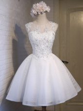 Simple White Ball Gowns Organza Scoop Sleeveless Lace Mini Length Lace Up Bridesmaid Dress