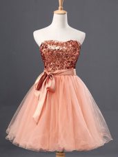 Lovely Peach Sleeveless Tulle Zipper Prom Party Dress for Prom and Party