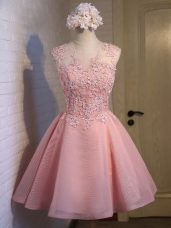 Designer Sleeveless Mini Length Lace Lace Up Wedding Party Dress with Pink
