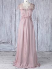 Pink Chiffon Clasp Handle Bridesmaid Dresses Short Sleeves Floor Length Lace
