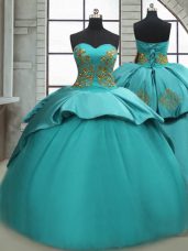 Modest Turquoise Satin Lace Up Quinceanera Gowns Sleeveless Sweep Train Beading and Appliques