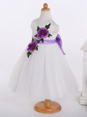 Gorgeous White A-line Tulle Scoop Sleeveless Bowknot and Hand Made Flower Knee Length Zipper Girls Pageant Dresses