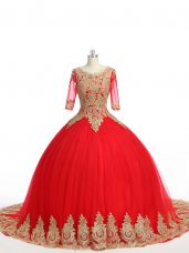 Red Half Sleeves Tulle Brush Train Zipper 15th Birthday Dress for Military Ball and Sweet 16 and Quinceanera