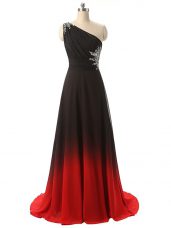 Dynamic Sleeveless Beading and Ruching Lace Up Prom Evening Gown with Multi-color Brush Train