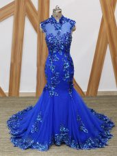 Chic Royal Blue High-neck Neckline Lace and Appliques Prom Gown Sleeveless Backless
