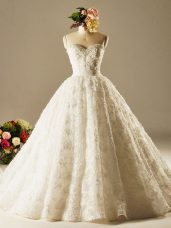 Sleeveless Beading and Lace Lace Up Wedding Gown with White Brush Train