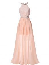 Colorful Peach Formal Evening Gowns Prom and Military Ball and Beach with Beading Halter Top Sleeveless Backless