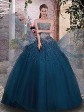 Teal Ball Gowns Beading Ball Gown Prom Dress Lace Up Tulle Sleeveless Floor Length