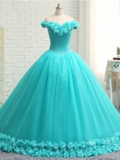 Modest Aqua Blue Lace Up Quinceanera Dress Hand Made Flower Sleeveless Court Train