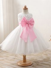 White Juniors Party Dress Wedding Party with Bowknot Scoop Sleeveless Zipper