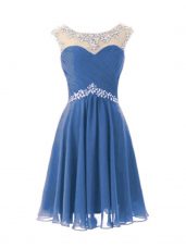 Fancy Knee Length A-line Cap Sleeves Blue Prom Evening Gown Zipper