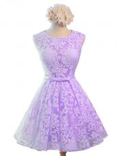 Captivating Knee Length Lace Up Bridesmaid Dress Lavender for Prom and Party and Wedding Party with Belt