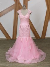 Classical Mermaid Formal Evening Gowns Baby Pink V-neck Tulle Cap Sleeves Backless