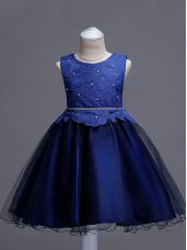 Scoop Sleeveless Toddler Flower Girl Dress Knee Length Lace Navy Blue Organza