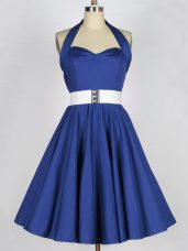 Designer Blue A-line Halter Top Sleeveless Taffeta Knee Length Lace Up Belt Damas Dress