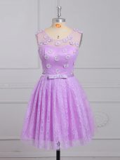 Appliques and Belt Quinceanera Court Dresses Lilac Lace Up Sleeveless Mini Length