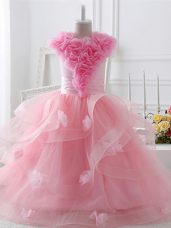 Trendy Baby Pink Ball Gowns Tulle High-neck Sleeveless Ruffles and Hand Made Flower Floor Length Zipper Little Girl Pageant Dress