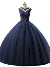 Navy Blue Scoop Neckline Beading and Lace Ball Gown Prom Dress Sleeveless Lace Up